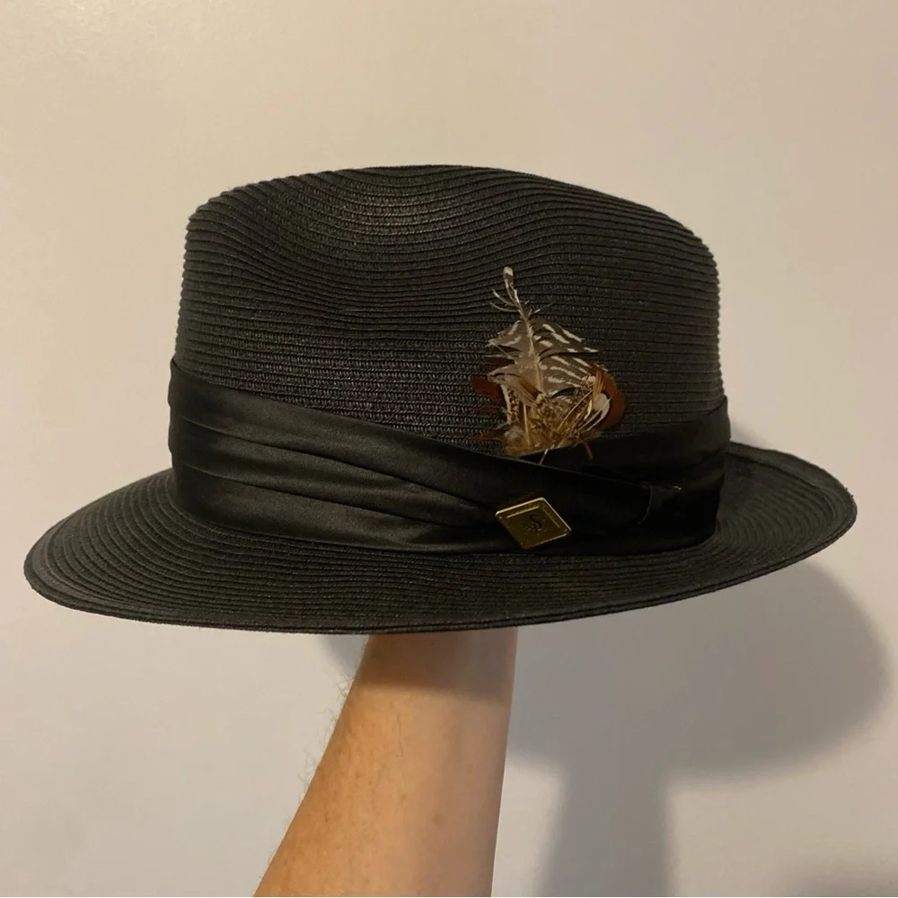 Stacy Adams Black Straw Fedora with Feather Detail - Picture 1 of 8